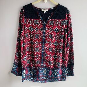 Beach Lunch Lounge Top Red Blue Lace Long Sleeve Lightweight Flowy Boho EUC XS